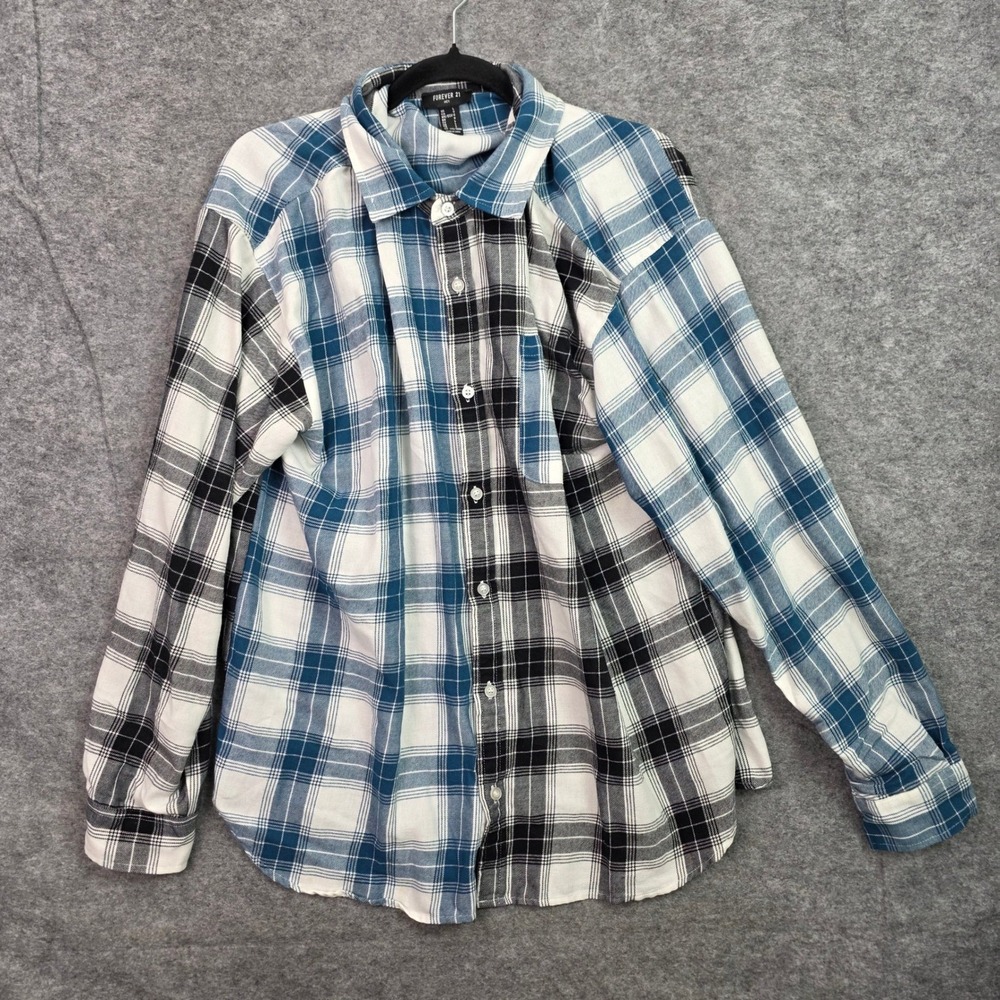 Forever 21 Men Blue Black Plaid Patchwork Button Down Shirt Large Streetwear